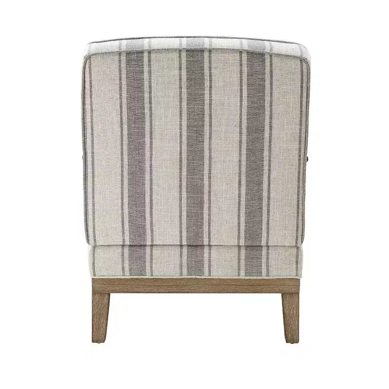 Poltrona rivestita a righe stile rustico con braccioli e gambe in legno massiccio, capacità 113 kg