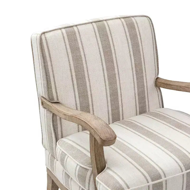 Poltrona rivestita a righe stile rustico con braccioli e gambe in legno massiccio, capacità 113 kg