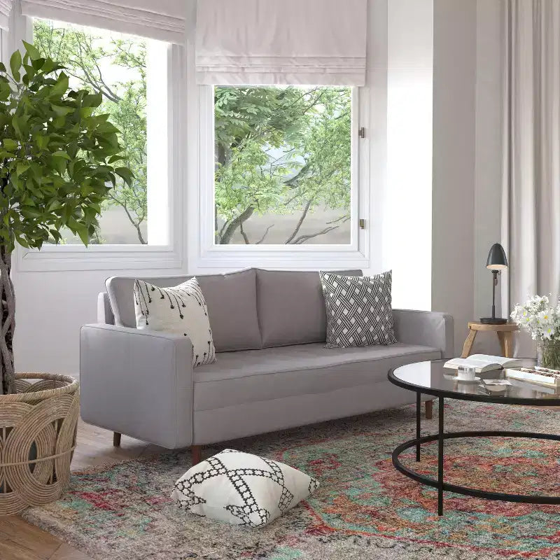 Divano a 3 posti in stile Mid-Century Modern, supporto con molle insacchettate, cuscini dello schienale rimovibili e gambe in legno