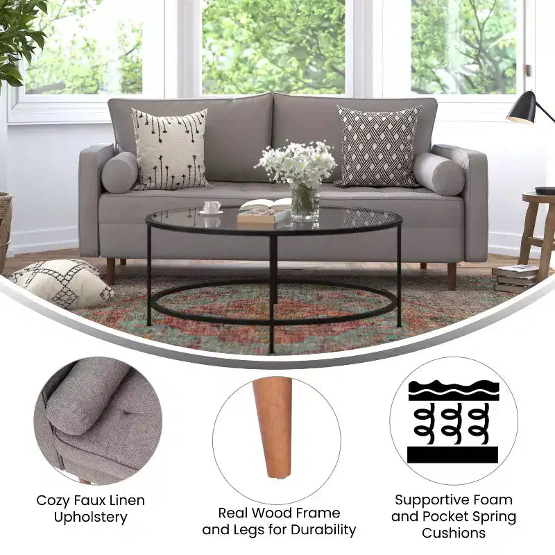 Divano a 3 posti in stile Mid-Century Modern, supporto con molle insacchettate, cuscini dello schienale rimovibili e gambe in legno