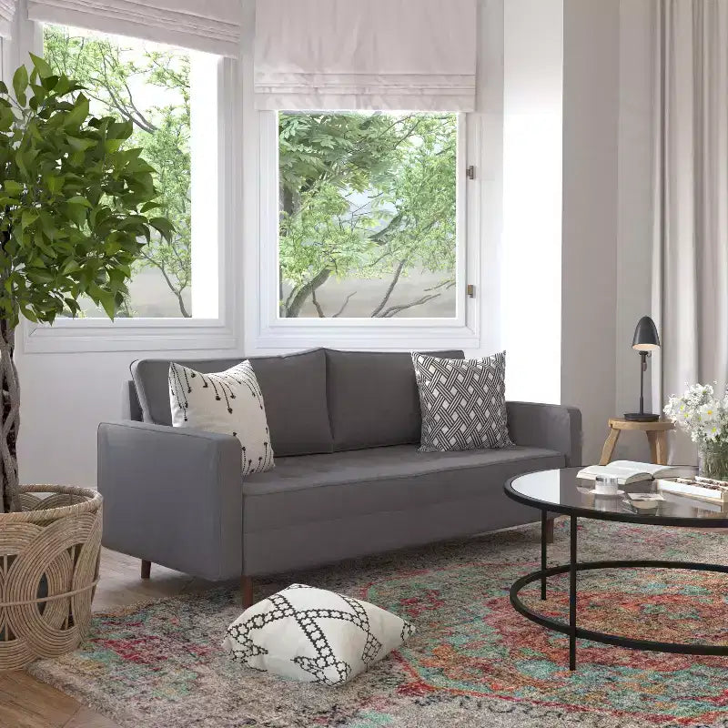 Divano a 3 posti in stile Mid-Century Modern, supporto con molle insacchettate, cuscini dello schienale rimovibili e gambe in legno