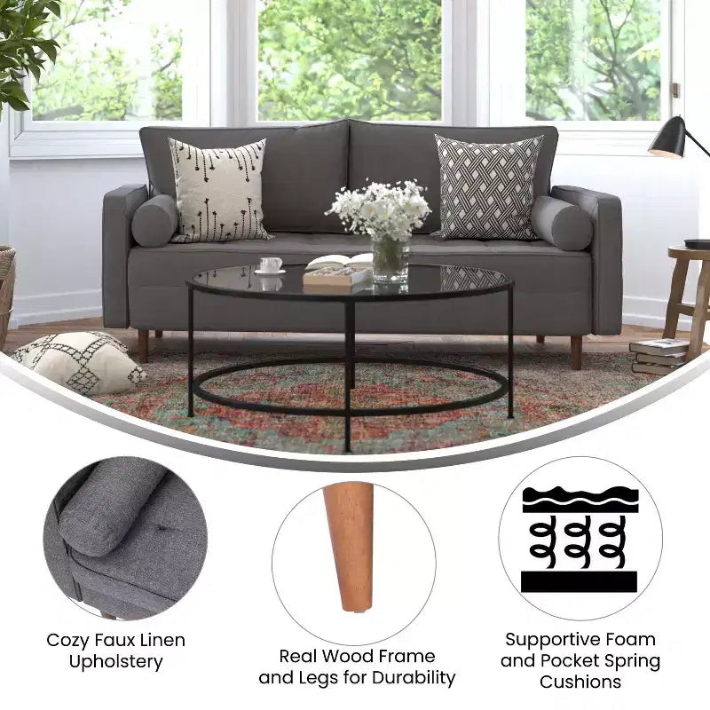 Divano a 3 posti in stile Mid-Century Modern, supporto con molle insacchettate, cuscini dello schienale rimovibili e gambe in legno
