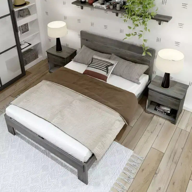 Letto matrimoniale in stile rustico con testiera a doghe, letto a piattaforma in legno di pino massiccio, capacità 340 kg