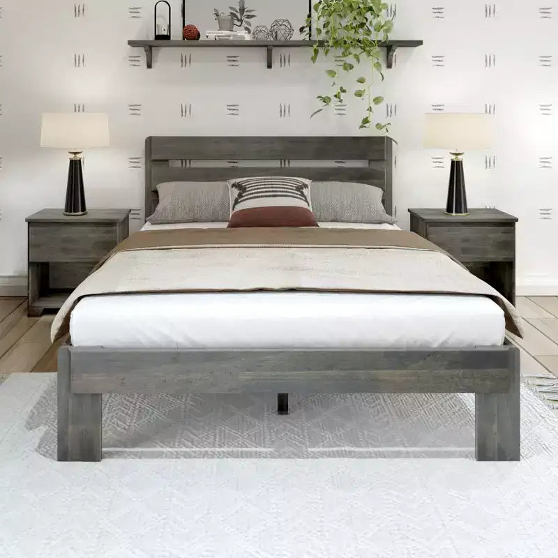 Letto matrimoniale in stile rustico con testiera a doghe, letto a piattaforma in legno di pino massiccio, capacità 340 kg