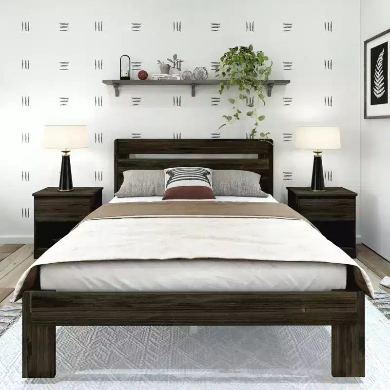 Letto matrimoniale in stile rustico con testiera a doghe, letto a piattaforma in legno di pino massiccio, capacità 340 kg