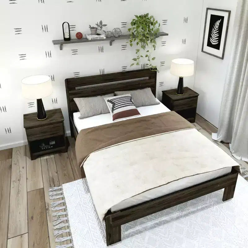 Letto matrimoniale in stile rustico con testiera a doghe, letto a piattaforma in legno di pino massiccio, capacità 340 kg
