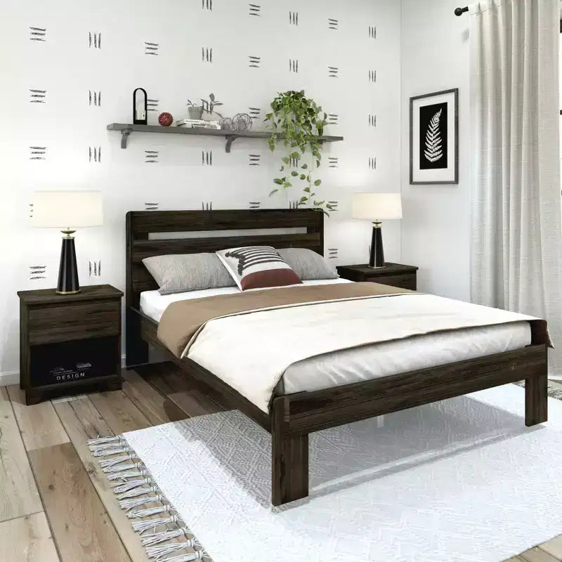 Letto matrimoniale in stile rustico con testiera a doghe, letto a piattaforma in legno di pino massiccio, capacità 340 kg