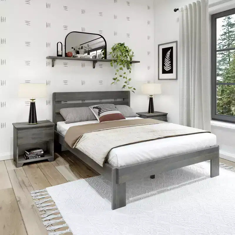 Letto matrimoniale in stile rustico con testiera a doghe, letto a piattaforma in legno di pino massiccio, capacità 340 kg