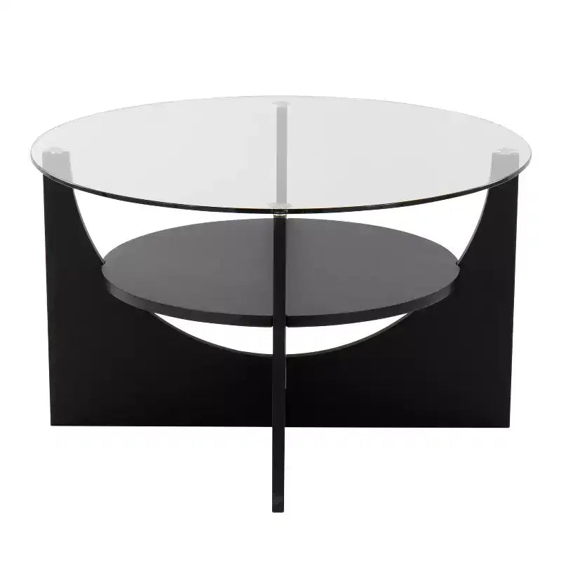Tavolino da Caffè a U con Piano in Vetro, Base Incrociata e Ripiano Inferiore, H 47,6 cm