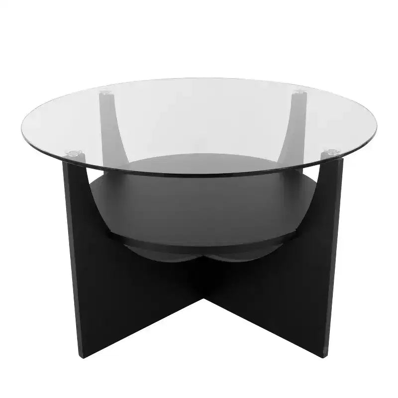 Tavolino da Caffè a U con Piano in Vetro, Base Incrociata e Ripiano Inferiore, H 47,6 cm